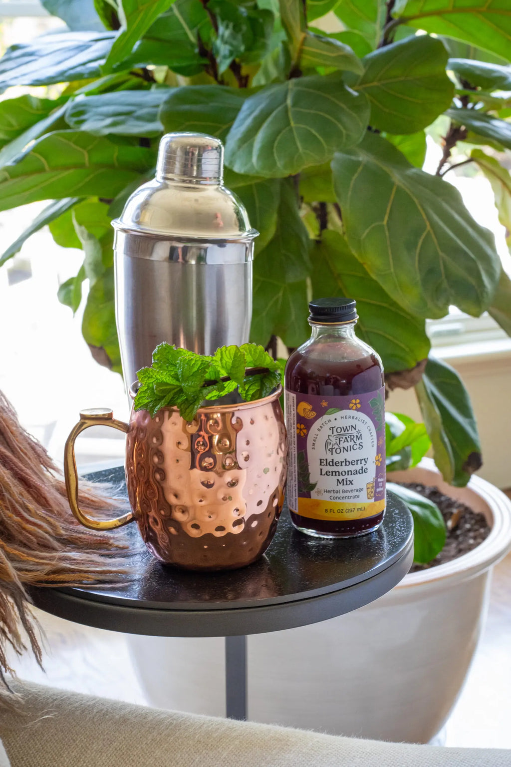 Elderberry Lemonade Mix with shaker cup  on table