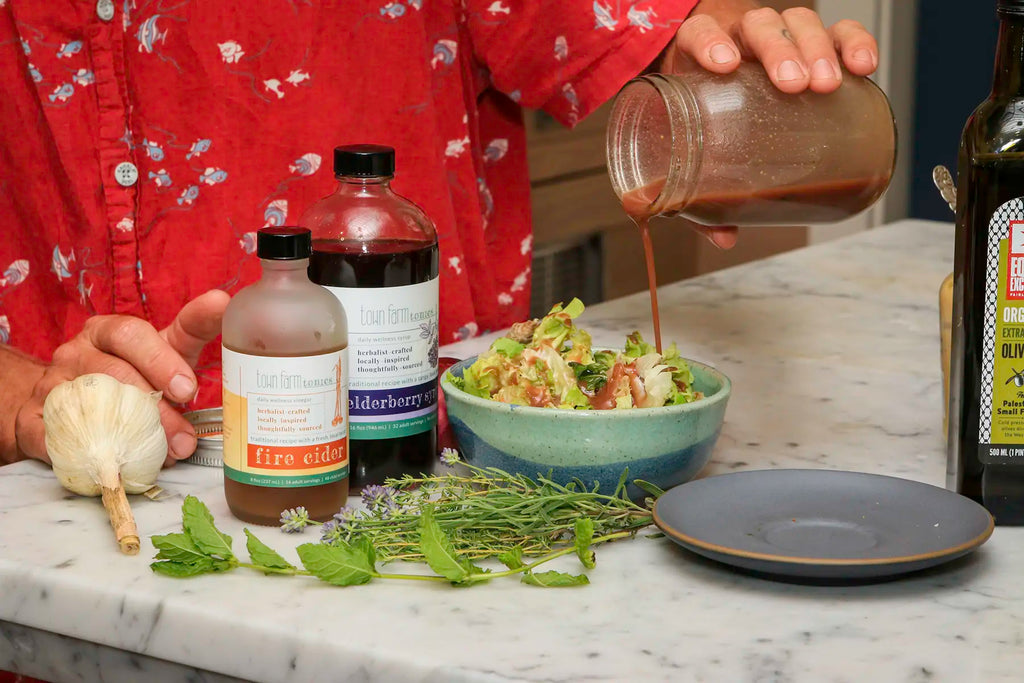 Elderberry and Fire Cider Tonics with salad