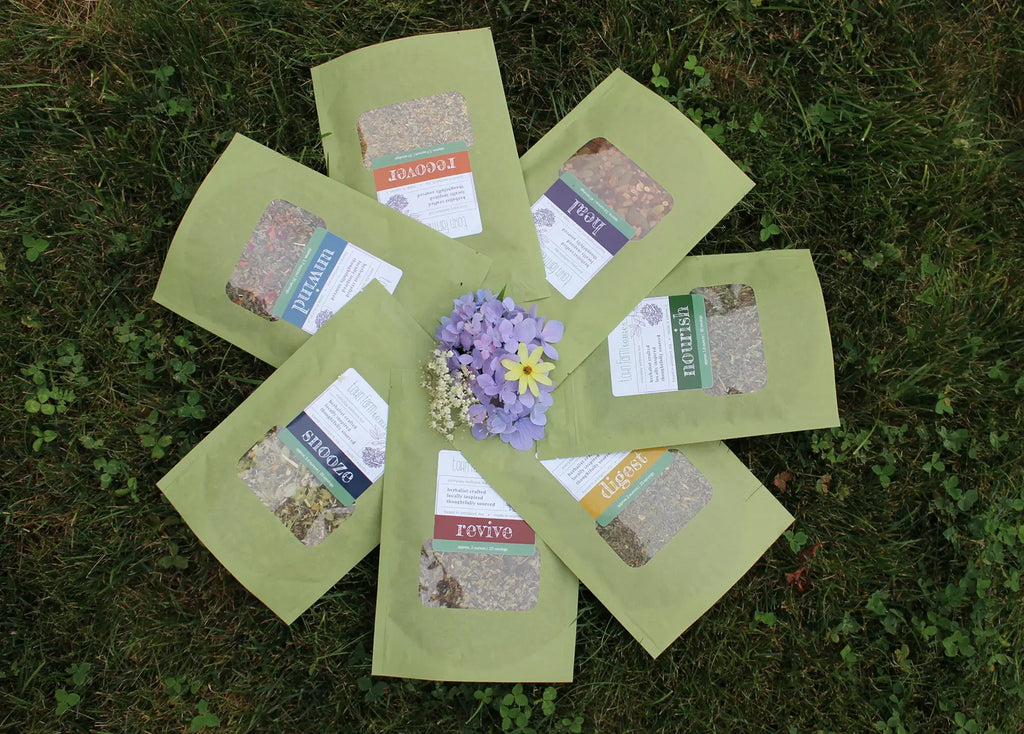 Tea Time Gift Set herb packs on grass