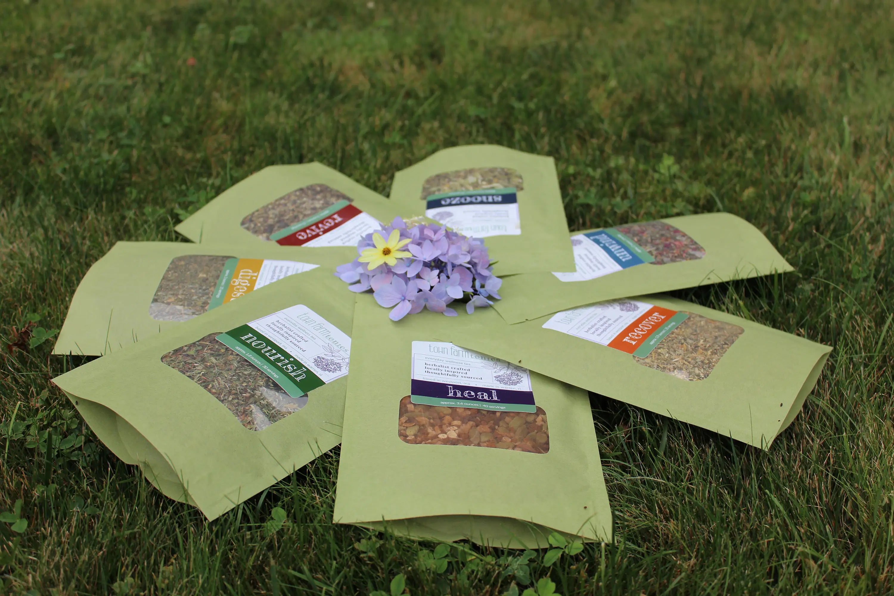 Green seed packets arranged in a circular pattern on grass