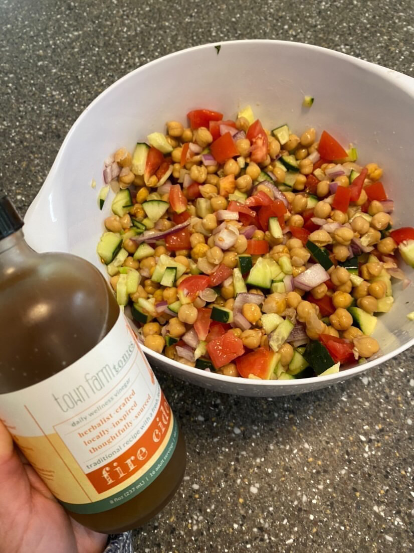 summer chickpea salad made with fire cider