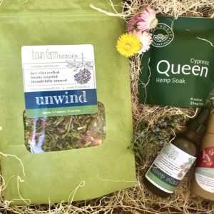 rest and relaxation herbal gift set made in westport, ma with loose leaf herbal tea, cbd bath salts, sleep elixir, and pain relieving herbal salve